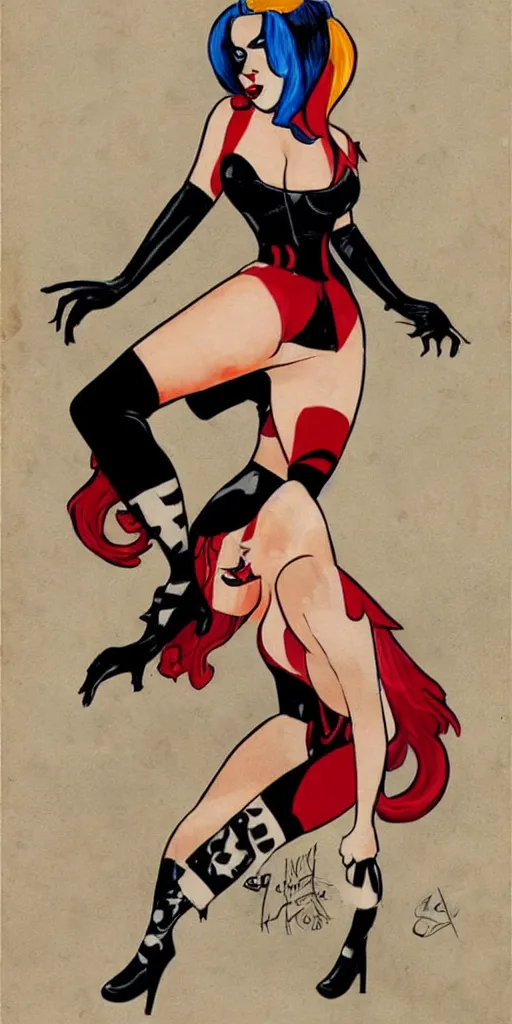 Prompt: pinup illustration of lady gaga as harley quinn, by enoch bolles