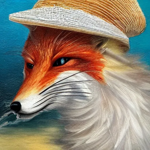 Prompt: “Magali Villenueve style hyperdetailed character painting of a aquatic-kitsune hybrid fox wearing a a straw hat. Award winning high definition photorealism artwork with detailed shading, modern techniques, mixed media. Background gradient soft pastel colouring”