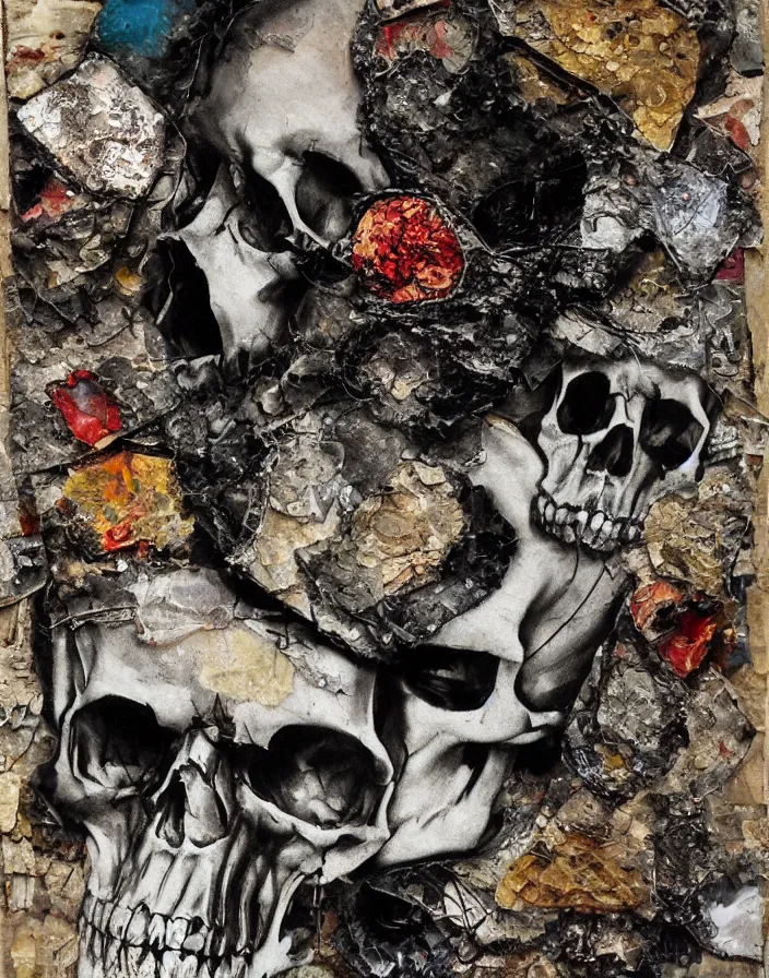 Prompt: skulls, detailed analogue mixed media collage with canvas texture in style of contemporary art, punk art, hyperrealistic, photorealistic, expressionism, masterpiece, perfect composition, spectacular quality, intricate oil details, vivid broken glass, torn paper