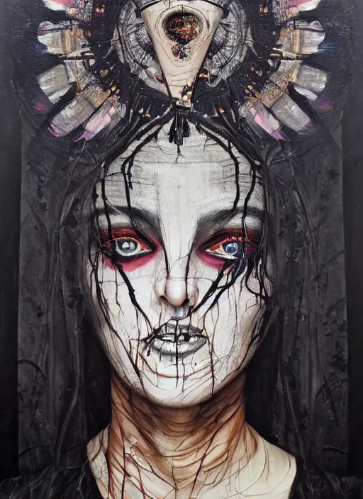Prompt: cult magic psychic woman smiling, subjective consciousness psychedelic, epic surrealism expressionism symbolism story iconic, dark robed witch, oil painting, robe, symmetrical face, greek dark myth, by Sandra Chevrier, Nicola Samori, Jeff Legg masterpiece
