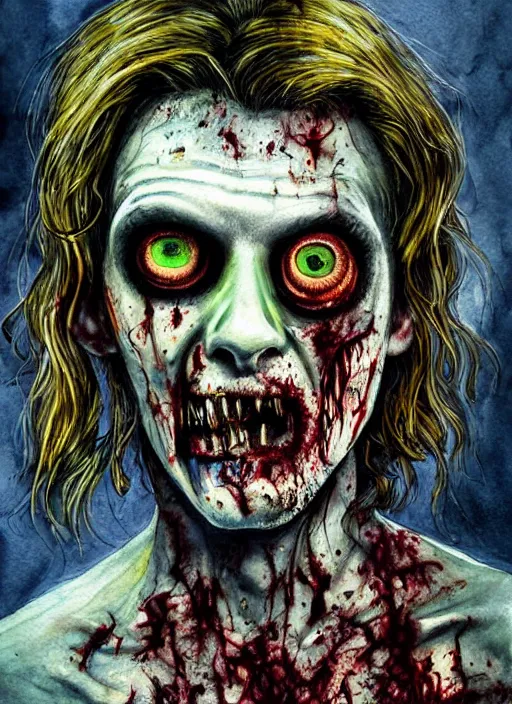 Image similar to zombie hollywood professional acting headshot, david dennis, intricate detailed, studio lighting, charming expression gesicht, hauntingly beautiful zombie, watercolor art, drawn and painted, colored layers, dulled contrast, exquisite fine art, splatterpaint