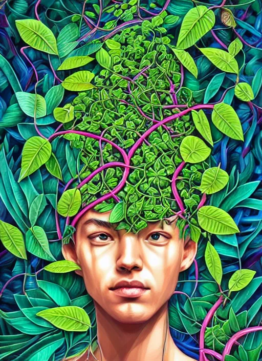 Prompt: brain made out of brainy neuron jungle leaves and vines, afremov, tristan eaton, victo ngai, artgerm, rhads, ross draws, hyperrealism, intricate detailed