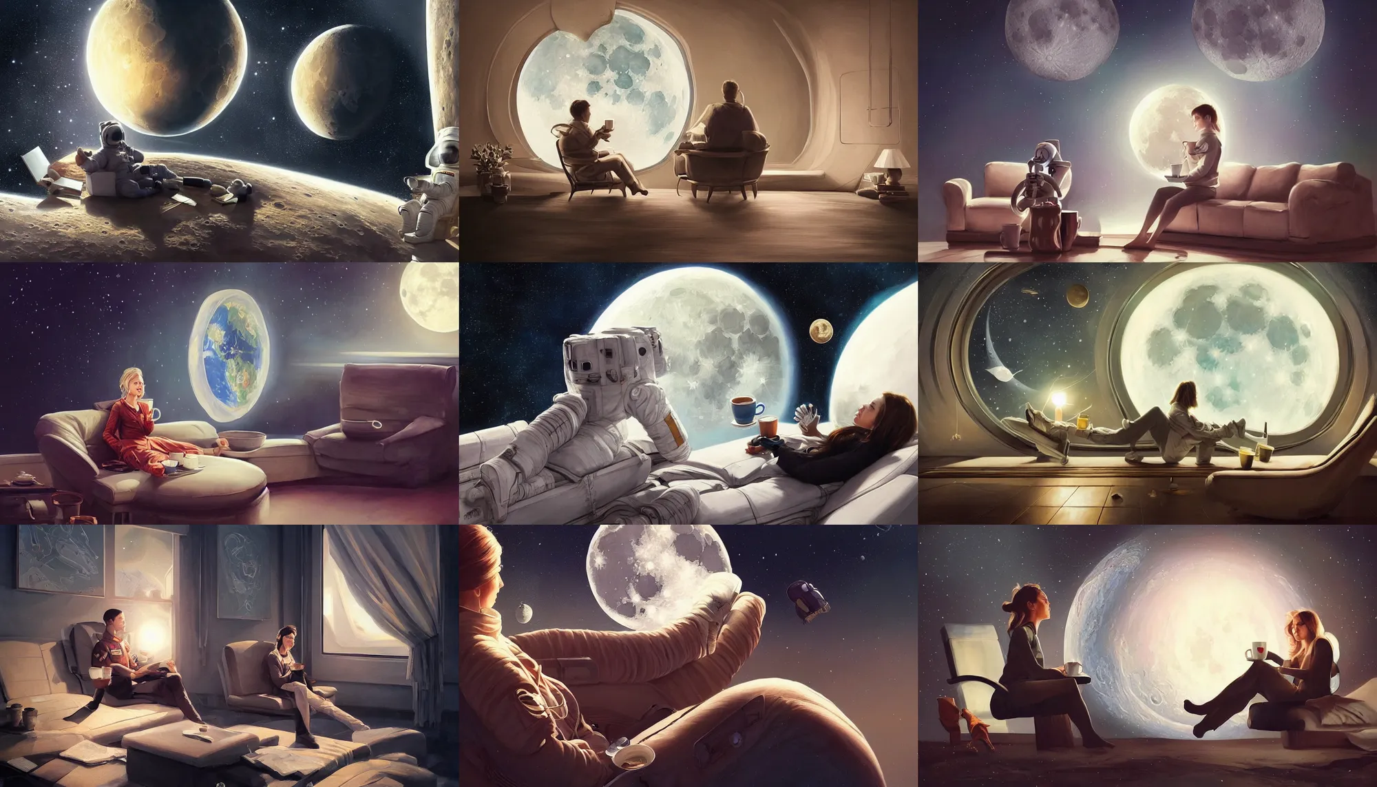 Prompt: beautiful painting of astronaut sitting in sofa at moon with cup of coffee looking at far earth, wide shot, digital painting, intricate details, trending on artstation, concept art, octane render, realistic, highly detailed, smooth, sharp focus, beautiful, 4 k, 8 k, hd, art by charlie bowater and artgerm and greg rutkowski