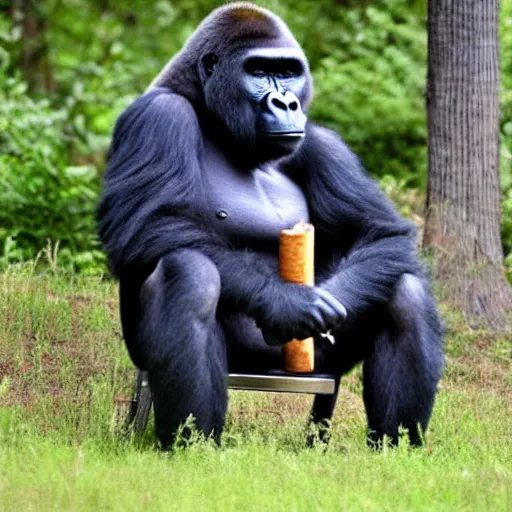 Prompt: a gorilla wearing a suit sitting on a chair smoking a cigar