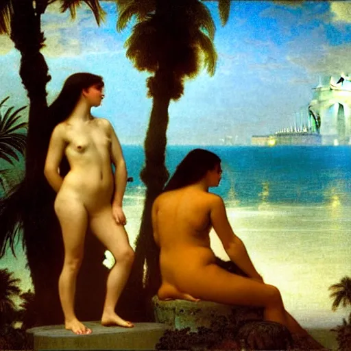 Image similar to Silhouette of two girls at the palace, thunderstorm, greek pool, beach and palm trees on the background major arcana sky, by paul delaroche, alphonse mucha and arnold böcklin arnold böcklin hyperrealistic 8k, very detailed