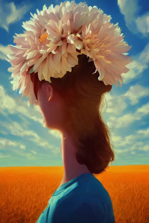 Image similar to closeup girl with huge dahlia flower face, on the beach, surreal photography, blue sky, sunrise, dramatic light, impressionist painting, digital painting, artstation, simon stalenhag