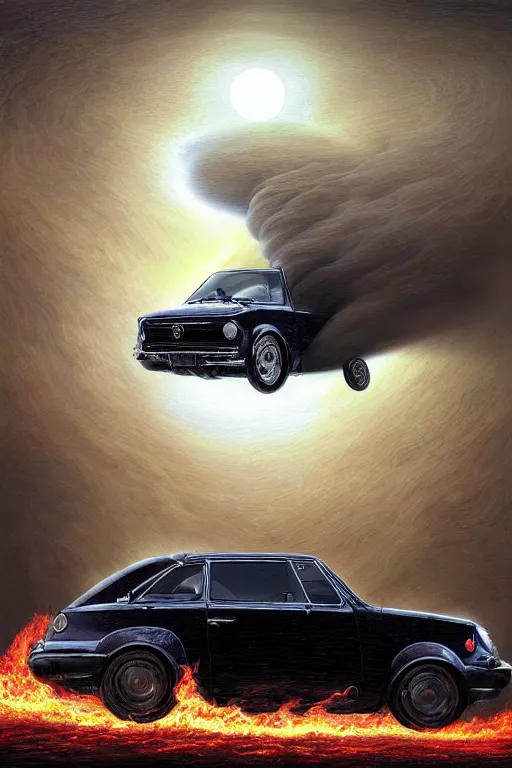 Image similar to Intricate stunning highly detailed white Fiat 600 from the 60s built in Argentina, digital painting by agostino arrivabene and Vladimir Kush, surreal, ultra realistic, Horror vacui, dramatic lighting, full moon, thick black swirling smoke tornado, burning fire embers, artstation