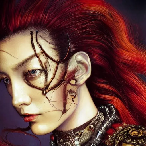 Image similar to portrait, headshot, insanely nice professional hair style, dramatic hair color, digital painting, of a old 17th century, old cyborg merchant, amber jewels, baroque, ornate clothing, scifi, realistic, hyperdetailed, chiaroscuro, concept art, art by Franz Hals and Jon Foster and Ayami Kojima and Amano and Karol Bak,