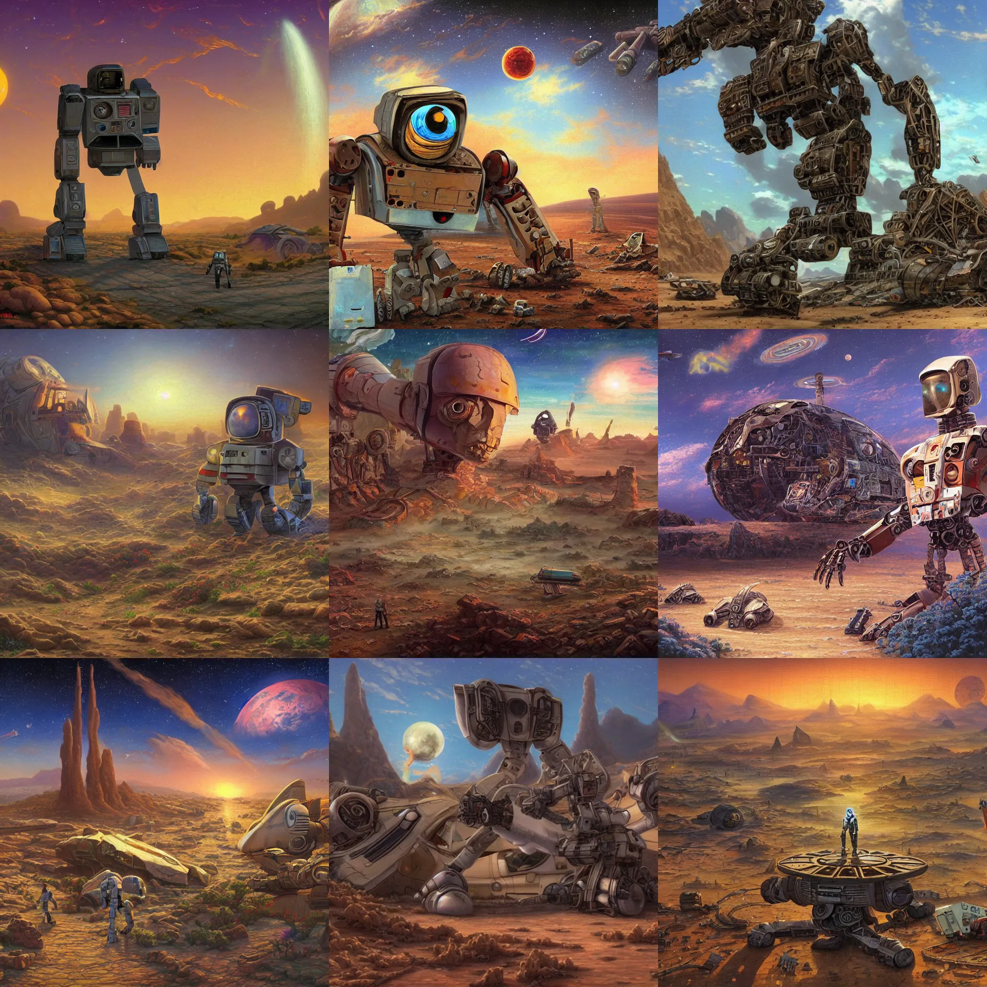 Prompt: next to the wreckage of some parts of a destroyed giant humanoid robot on a remote desert planet, from a space themed point and click 2 d graphic adventure game, art inspired by thomas kinkade