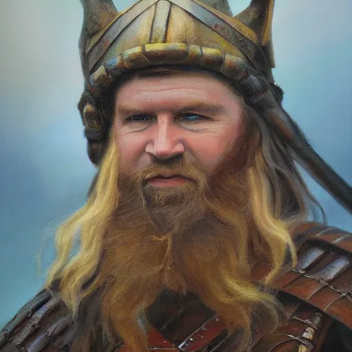 Image similar to oil painting of sean mcloughlin as an irish viking in the style of steve argyle, fantasy painting