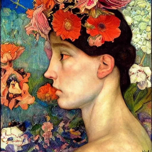 Image similar to flower queen, by annie swynnerton and tino rodriguez and nicholas roerich and lucien freud, dramatic lighting, floral tattoos, rich colors, smooth sharp focus, extremely detailed, adolf wolfli