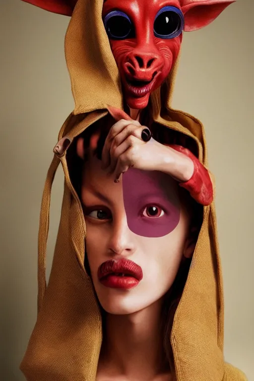 Image similar to comme des garcons campaign featuring jar jar binks as a female cowgirl, long eyeslashes, huge juicy lips, big seductive eyes, unprocessed colors, # nofilter, realistic vfx simulation