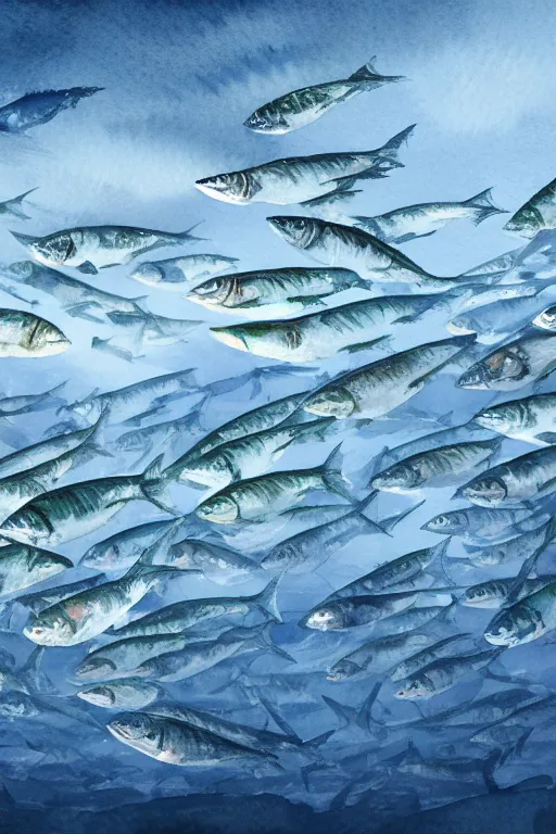 Prompt: a beautiful watercolour on 3 0 0 gsm paper of a school of mackerel, 8 k, frostbite 3 engine, cryengine, dof, trending on artstation, digital art, crepuscular ray