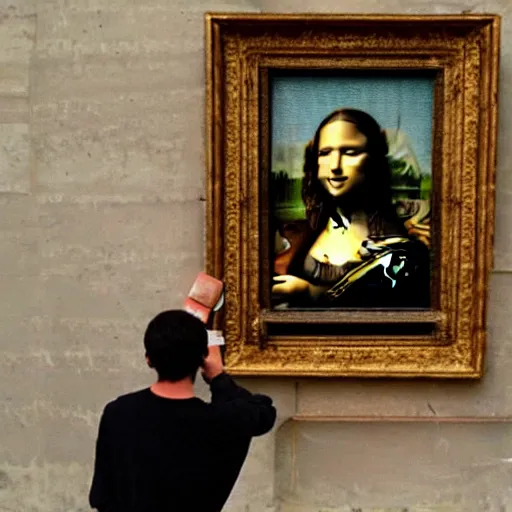 Image similar to banksy tagging the mona-lisa inside the Louvre