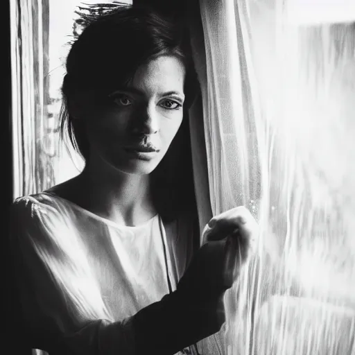 Image similar to black and white fashion photograph highly detailed portrait of a depressed beautiful 30 years old model woman standing by the window, natural light, rain, mist, lomo, fashion photography, film grain, soft vignette, sigma 85mm f/1.4 1/10 sec shutter