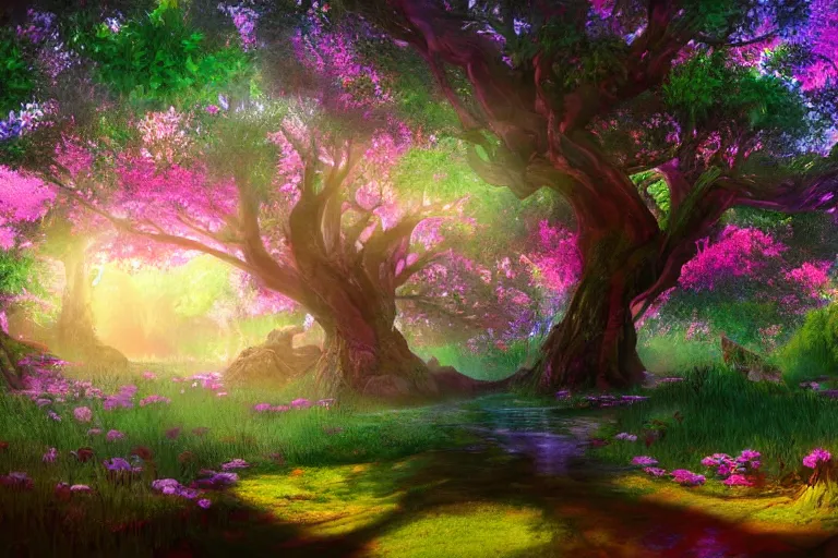 Image similar to Landscape of a beautiful enchanted fantasy world. Colorful. A giant tree. Cinematic lighting. Photorealism.