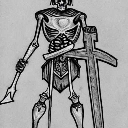 Prompt: drawing of a skeleton warrior with a medieval ax, shield, and horned helmet on the background of a cemetery