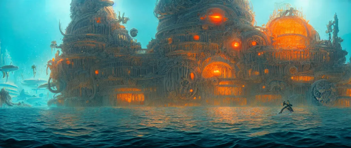 Image similar to hyperrealistic hyper detailed underwater neo-rococo city of atlantis surrounded by giant pearlescent jellyfish matte painting concept art maciej kuciara gustave courbet cinematic soft orange lighting low angle hd 8k sharp shallow depth of field