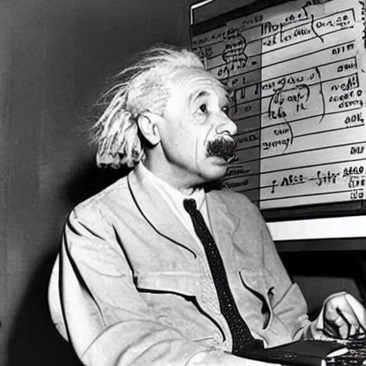 Image similar to 1940s photograph of Albert einstein trying to calculate why the banana is curved