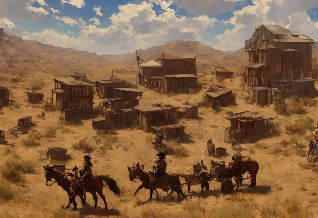 Image similar to greg manchess painting of a wild west abandoned town landscape with no person nor horse in the painting only buildings in the year 1 8 5 0, nobody living there, raining with grey sky, painting, trending on artstation, by huang guangjian and gil elvgren and sachin teng