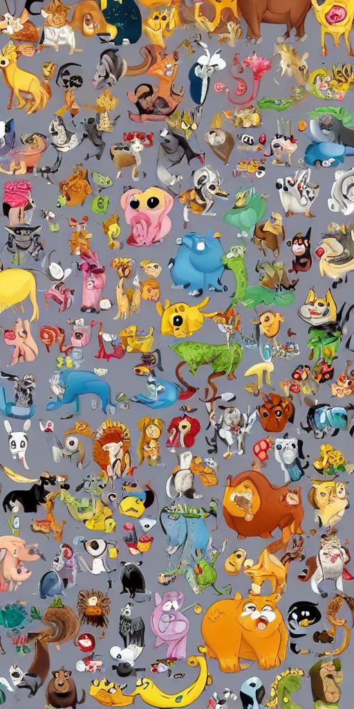 Image similar to lots of different cartoon animals in lots of different styles