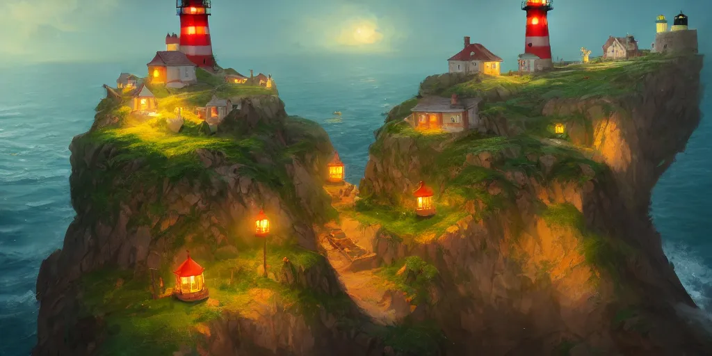 Image similar to Very small fantasy village on a cape with a lighthouse shining with green light, fishing boats, view from above. In style of Greg Rutkowski, Jesper Ejsing, Makoto Shinkai, trending on ArtStation, fantasy, great composition, concept art, highly detailed, scenery, 8K, Behance.