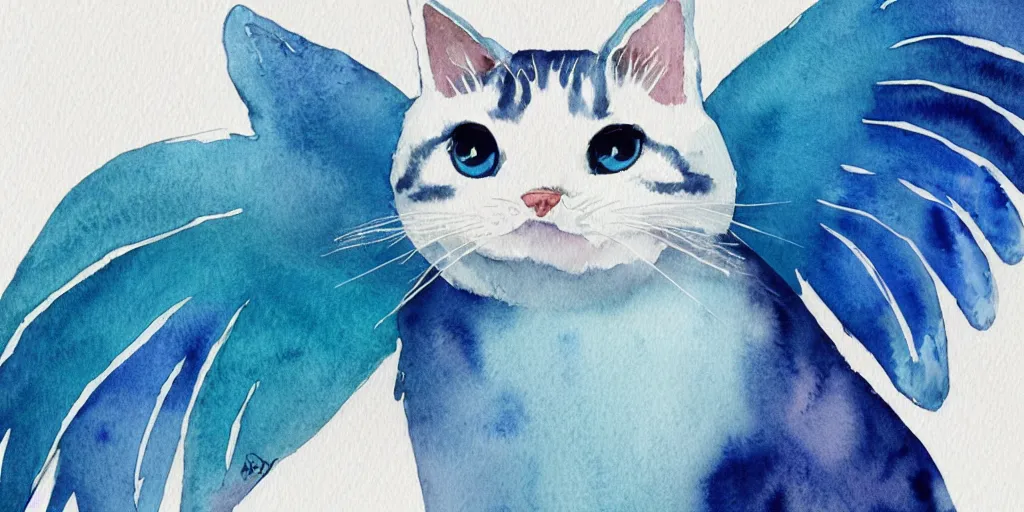 Image similar to watercolor illustration style, cute cats with blue wings, white background