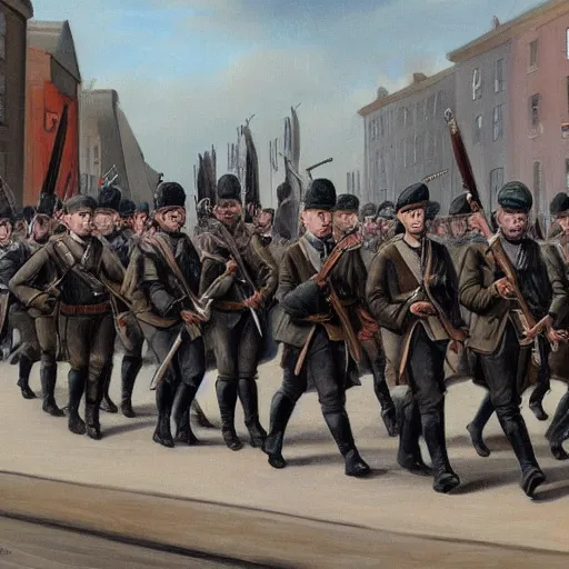 Image similar to painting of Irish rebel soldiers marching down a street in Dublin holding rifles, 4K detail