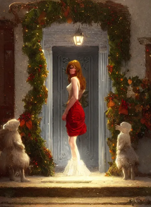 Image similar to emma stone opening door, wreath on door, christmas, artwork by gaston bussiere, craig mullins, trending on artstation