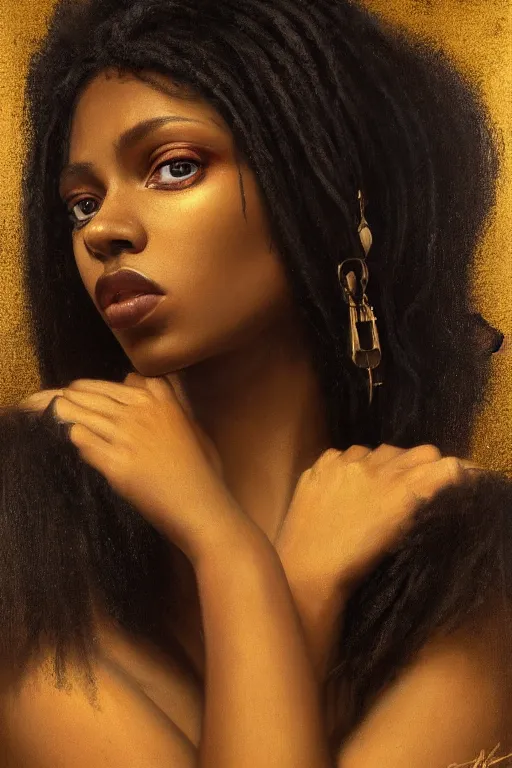 Prompt: breathtaking detailed soft painting of a full shot of a sensual black girl in leather, with long hair and piercing eyes, in a golden castle plaza at twilight, symmetrical realistic facial features, rembrandt style, elegant, highly detailed, artstation, concept art, matte, sharp focus, art by tom bagshaw, kelogsloops and greg rutkowski