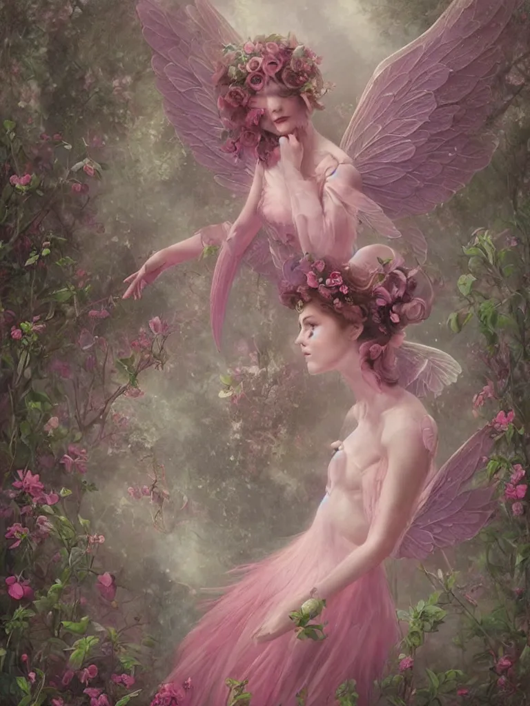 Image similar to one pink fairy with large wings exploring her lonely flower garden by herself in the style of tom bagshaw, extremely detailed, muted colors