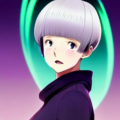 Image similar to anime poster film still portrait of a black young woman, large, purple eyes!!!!, white hair!!!!!, french bob, green!!!!! bomber jacket, detailed facial features, dynamic pose, cute face by ilya kuvshinov, yoh yoshinari, makoto shinkai, rimlight, cel shaded, 4 k