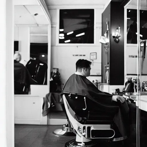 Prompt: portrait of the barber. voigtlander super nokton 2 9 mm f / 0. 8, cinelux asa 1 0 0, medium - format print.