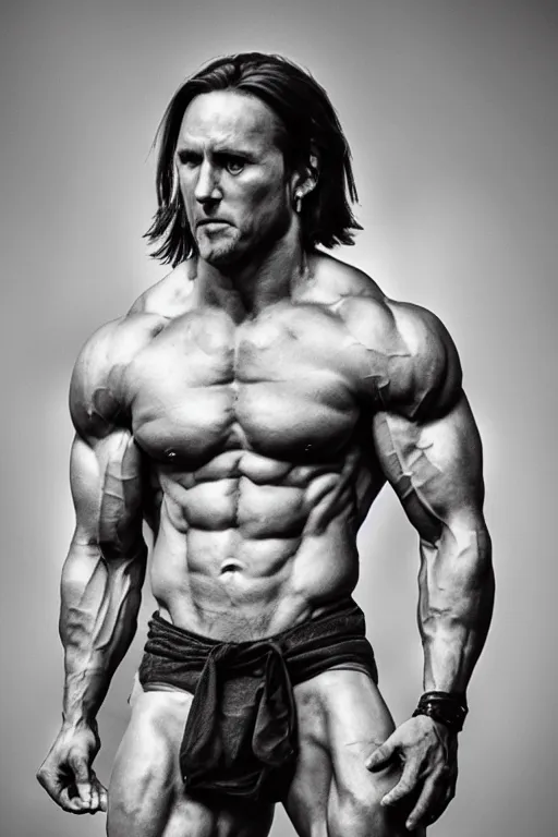 Image similar to Matthew Mercer is a jacked muscle builder gigachad, grayscale photography