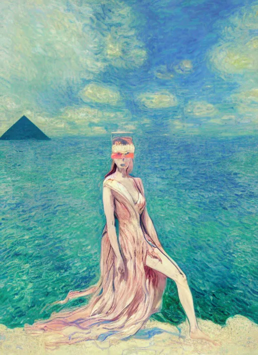 Image similar to lee jin - eun in luxurious dress emerging from turquoise water in egyptian pyramid city during an eclipse by claude monet, conrad roset, m. k. kaluta, martine johanna, rule of thirds, elegant look, beautiful, chic, face anatomy, cute complexion
