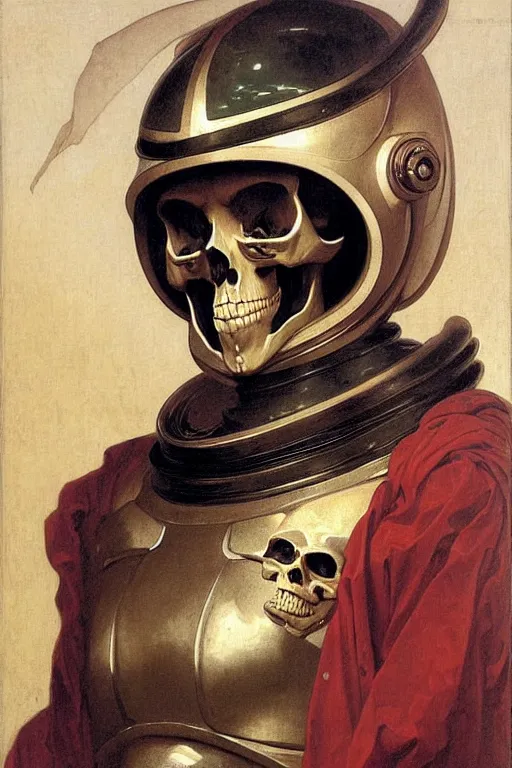 Prompt: portrait of a skull man astronaut with chinese dragon armor and helmet, majestic, solemn, by bouguereau