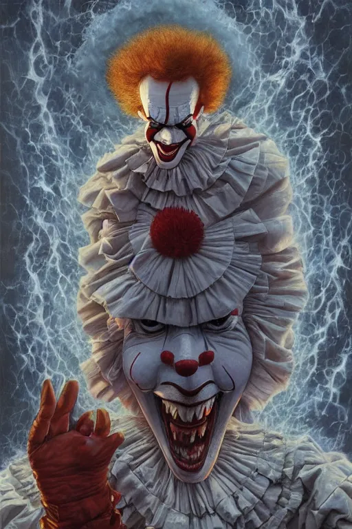 Image similar to pennywise the dancing clown arriving on earth from space. art by tomasz alen kopera and glenn fabry.