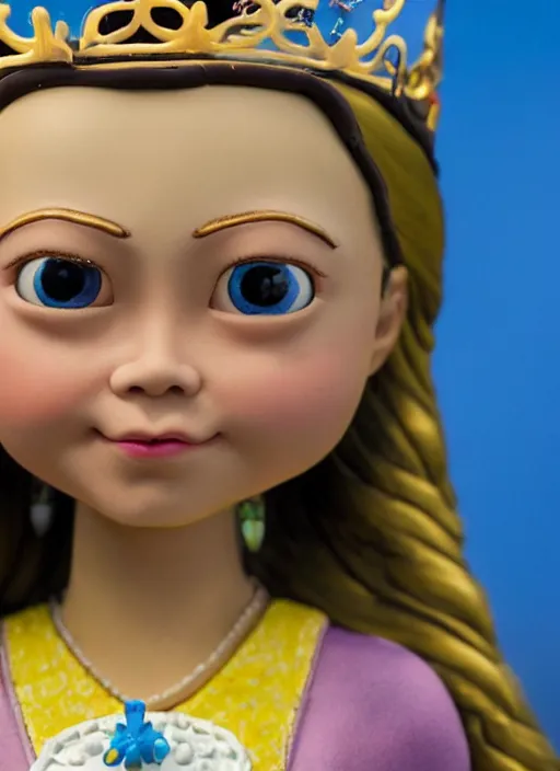 Image similar to closeup face profile portrait of tin toy greta thunberg as a bikini model princess wearing a crown eating cakes, depth of field, zeiss lens, detailed, symmetrical, centered, fashion photoshoot, by nicoletta ceccoli, mark ryden, lostfish, breathtaking, 8 k resolution, extremely detailed, beautiful, establishing shot, artistic, hyperrealistic, octane render