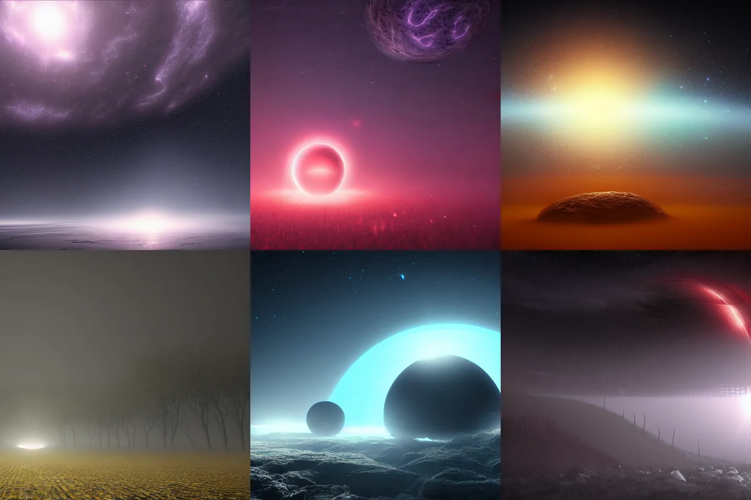 Prompt: utopian Galaxy , a unknown entity shining in fog, a evil dark sun , depth field, unreal engine, 4k concept art and hyper realism