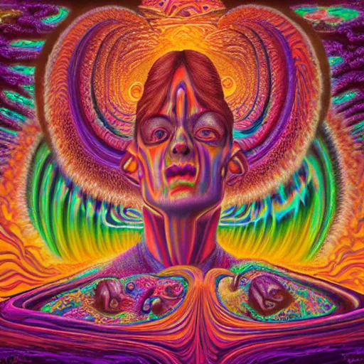 Image similar to Psychedelic DMT experience with inter-dimensional beings and insane trippy visuals in the style of an album cover by Mark Ryden and Alex Gross, Todd Schorr ,(highly detailed, 8k, UHD, fantasy, dream, otherworldly, bizzare, spirals, colourful, vivid)