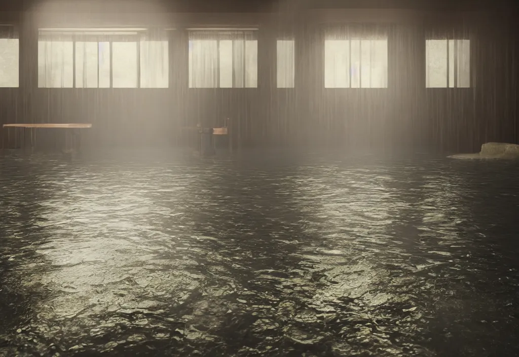 Prompt: kodak portra 4 0 0 photographic and realistic, interior of a theater, detailed, octane render, unreal engine, 4 k, artstation, hyper realistic, wide angle, floor flooded, how a river, objects that float, 3 5 mm, sharp focus, soft light, volumetric light fog, in the style of gregory crewdson