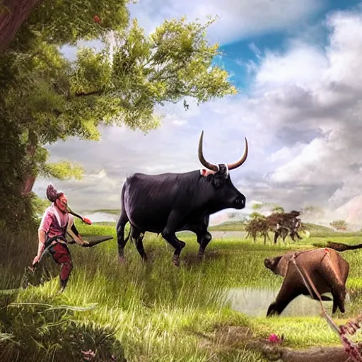 Prompt: epic scene, concept art by Noah Bredley, highly detailed, two black bull fight on pink a clearing with grass and a river
