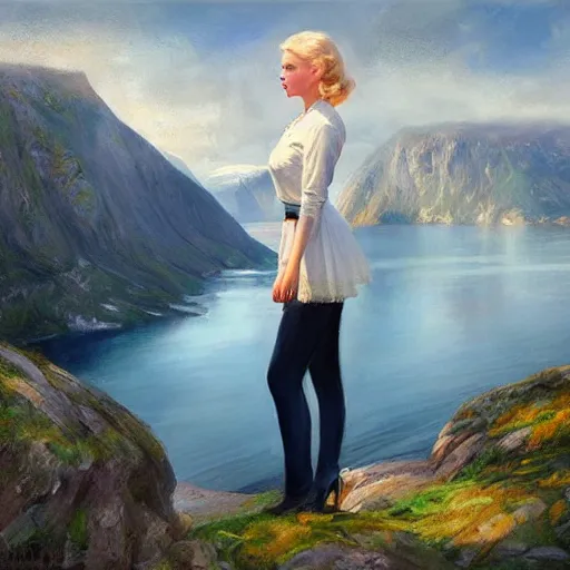 Image similar to beautiful 1950s blonde standing on top of Norwegian fjord, morning, atmospheric, dreamy, painting by Vladimir Volegov