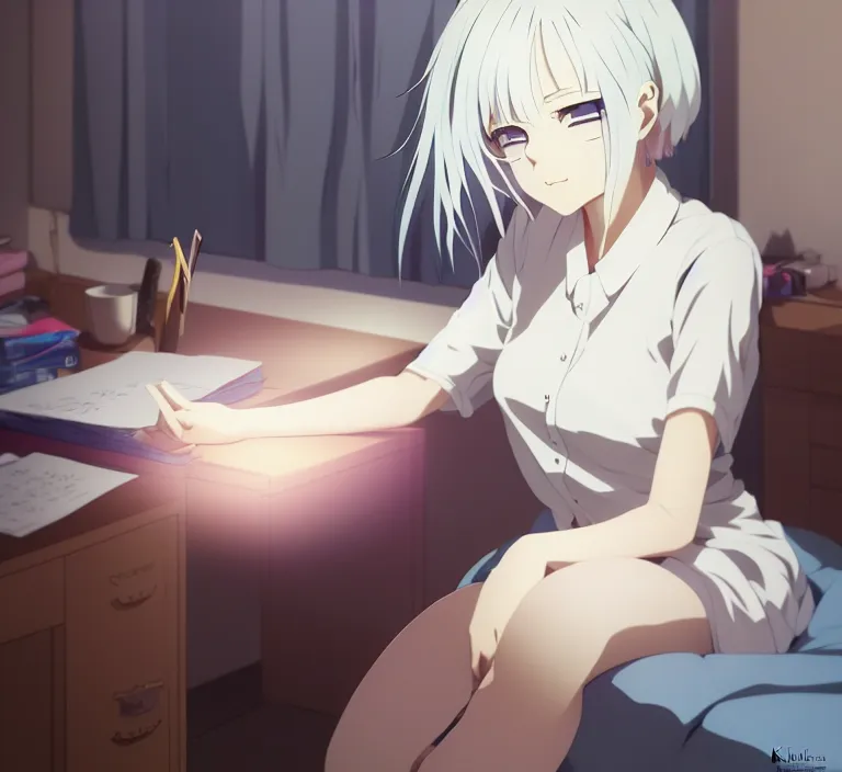 Prompt: anime visual, a young woman with white hair in her bedroom studying, cute face by ilya kuvshinov, yoshinari yoh, makoto shinkai, katsura masakazu, dynamic perspective pose, detailed facial features, kyoani, rounded eyes, crisp and sharp, cel shad, anime poster, ambient light