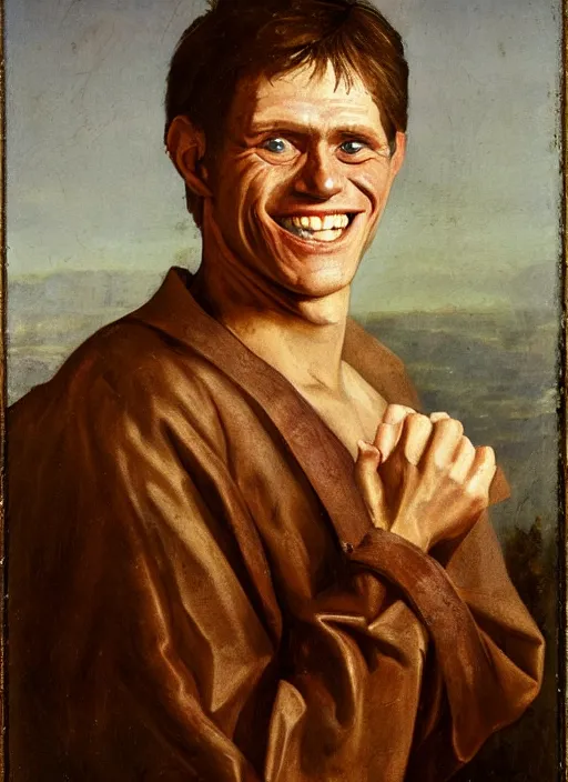 Prompt: portrait painting of young willem dafoe with stubble smiling warmly, renaissance oil painting, studious chiaroscuro