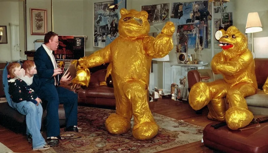 Image similar to 1990s candid 35mm photo of a beautiful day in the living room, cinematic lighting, cinematic look, golden hour, a very large, oversized magical salesman mascot creature is hanging out of the TV and aggressively trying to sell the family and kids a sports car by force, the salesman mascot creature is a very large giant, he has fancy decorations, there is an expensive sports car in the living room, car in the room, UHD