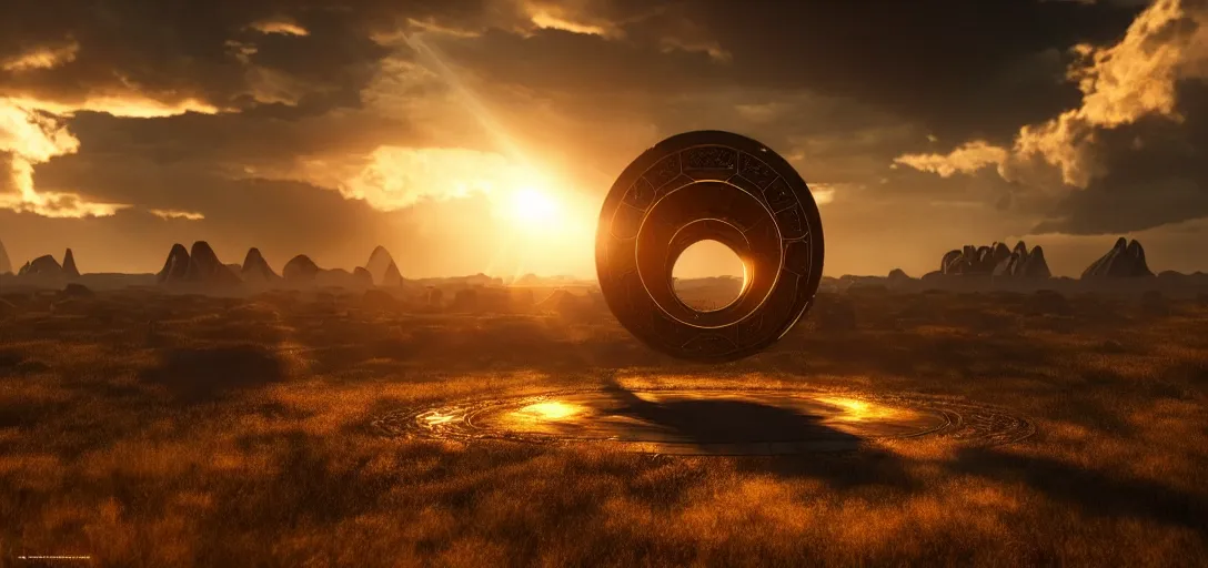 Image similar to stargate made of metal that form a circle and opens a portal to texas, cinematic view, epic sky highly detailed single ray of golden sunlight, beautiful, cgssociety, artstation, 8 k