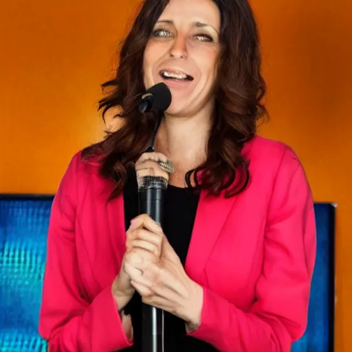 Image similar to 3 8 - year - old, short height, standup comedian, female, jewish irish and italian descent, thin, on stage, laughing, telling jokes