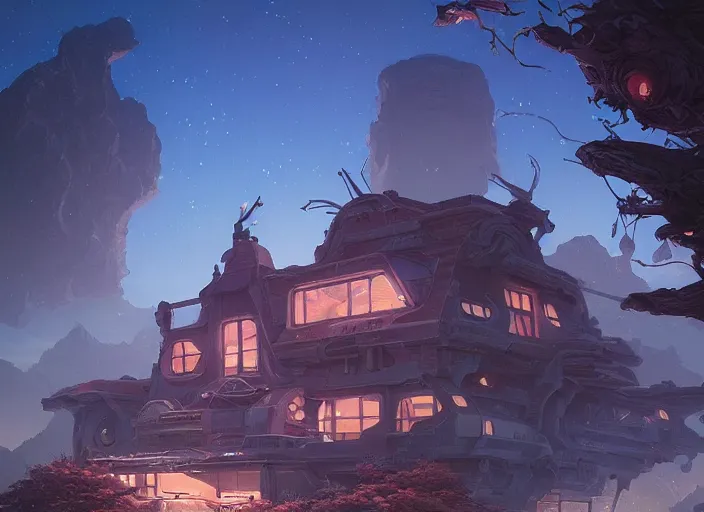 Image similar to future house on planet mars, unreal engine, fantasy art by greg, loish, rhads, ferdinand knab, tom bagshaw, makoto shinkai and lois van baarle, rossdraws, ilya kuvshinov, night lighting, trending on studio ghibli, highly detailed, 8 k, octane render