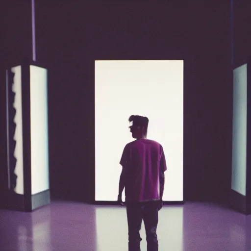 Prompt: kodak portra 4 0 0 photograph of a skinny guy standing in a room with floor to ceiling screens, back view, moody lighting, telephoto, 9 0 s vibe, blurry background, vaporwave colors!, faded!,